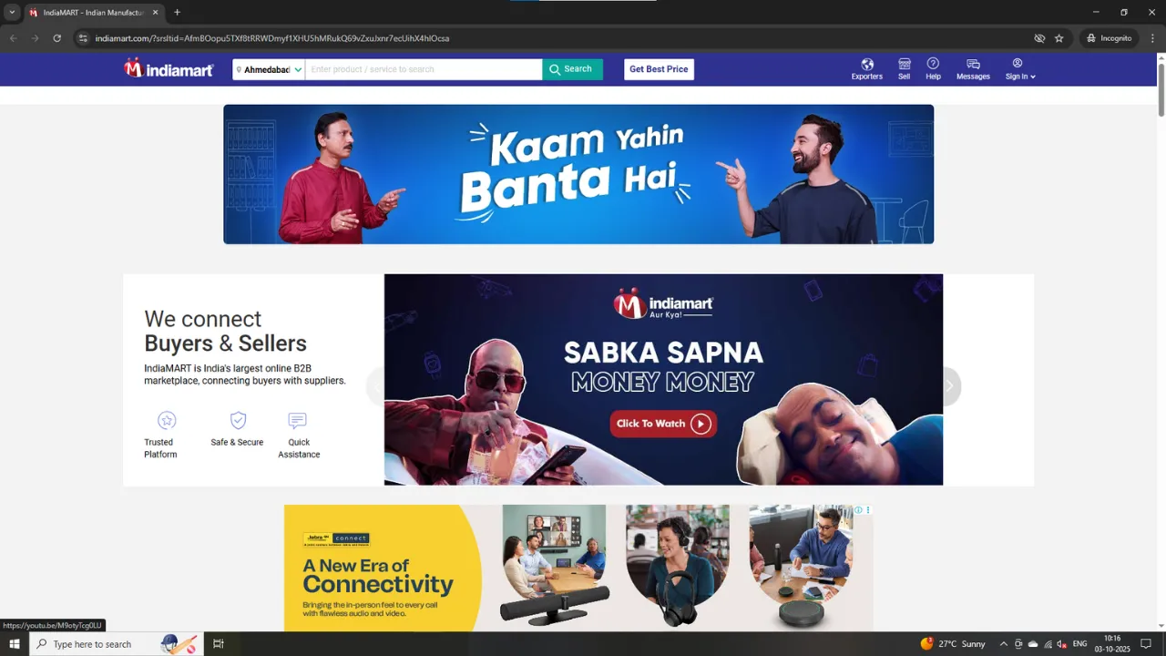 Screenshot of IndiaMART's homepage highlighting its B2B services, promotional banners, and tagline "Kaam Yahin Banta Hai", representing its role as a leading online marketplace connecting Indian manufacturers and buyers.