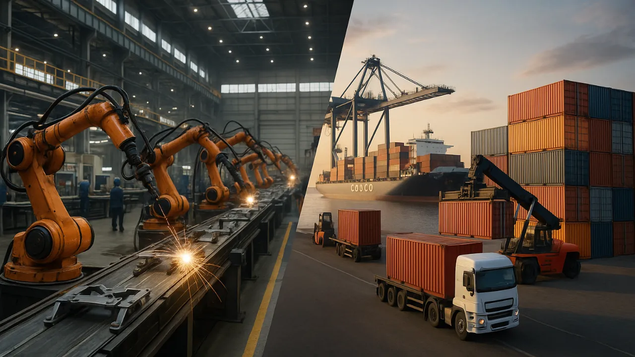 Industrial robots welding in a modern manufacturing plant alongside shipping containers and trucks at a busy port, representing the manufacturing and export sectors relevant to IndiaMART vs TradeIndia B2B platform comparison in 2025.