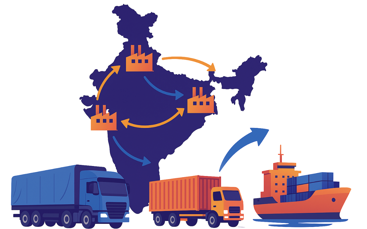 Illustration of India’s map with factory icons and arrows showing tarpaulin distribution routes by truck and ship, representing H. N. Industries’ strong pan-India supply chain and export logistics