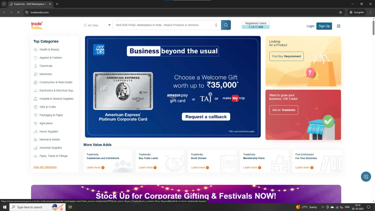 Screenshot of TradeIndia's homepage showing top product categories, seller tools, and promotional offers, highlighting its role as a B2B marketplace for connecting Indian suppliers with domestic and international buyers.