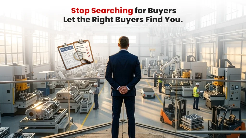 Manufacturing facility floor with manager overlooking production line illustrating how online visibility helps manufacturers attract the right B2B buyers instead of chasing leads.