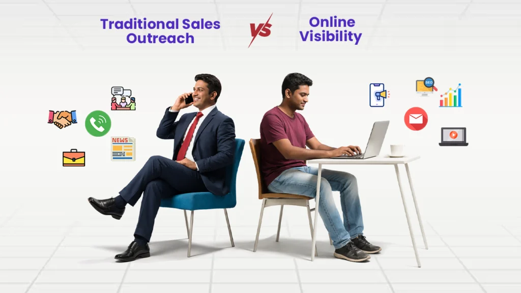 Comparison of traditional sales outreach and online visibility showing a salesperson making calls versus digital marketing channels helping manufacturers reach new buyers online.