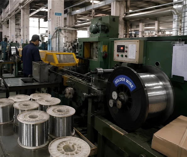 Modern solder wire manufacturing machine processing high-quality solder wire spools in an industrial production facility operated by a reliable solder wire manufacturer.