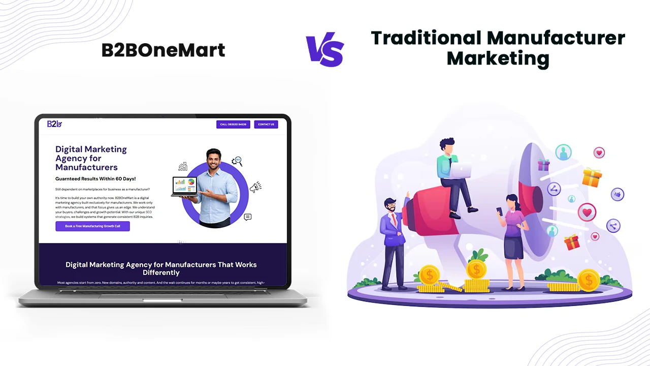 Comparison infographic showing B2BOneMart versus traditional manufacturer marketing with faster SEO visibility, lower marketing investment, controlled competition, and buyer-intent B2B lead generation.