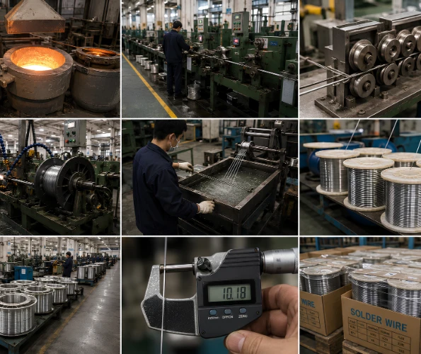 Industrial solder wire manufacturing process showing wire production machines, quality inspection, molten metal processing, and finished solder wire spools from a leading solder wire supplier in India.
