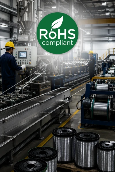 RoHS compliant solder wire manufacturing facility producing lead free solder components with advanced machinery and quality-controlled industrial processes for safe electronic applications.