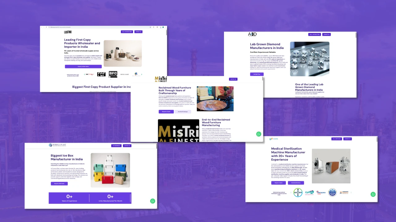B2BOneMart industry showcase featuring manufacturers and industrial businesses including valve, sterilization machine, icebox, furniture, fashion, and lab-grown diamond companies growing online visibility and B2B inquiries.