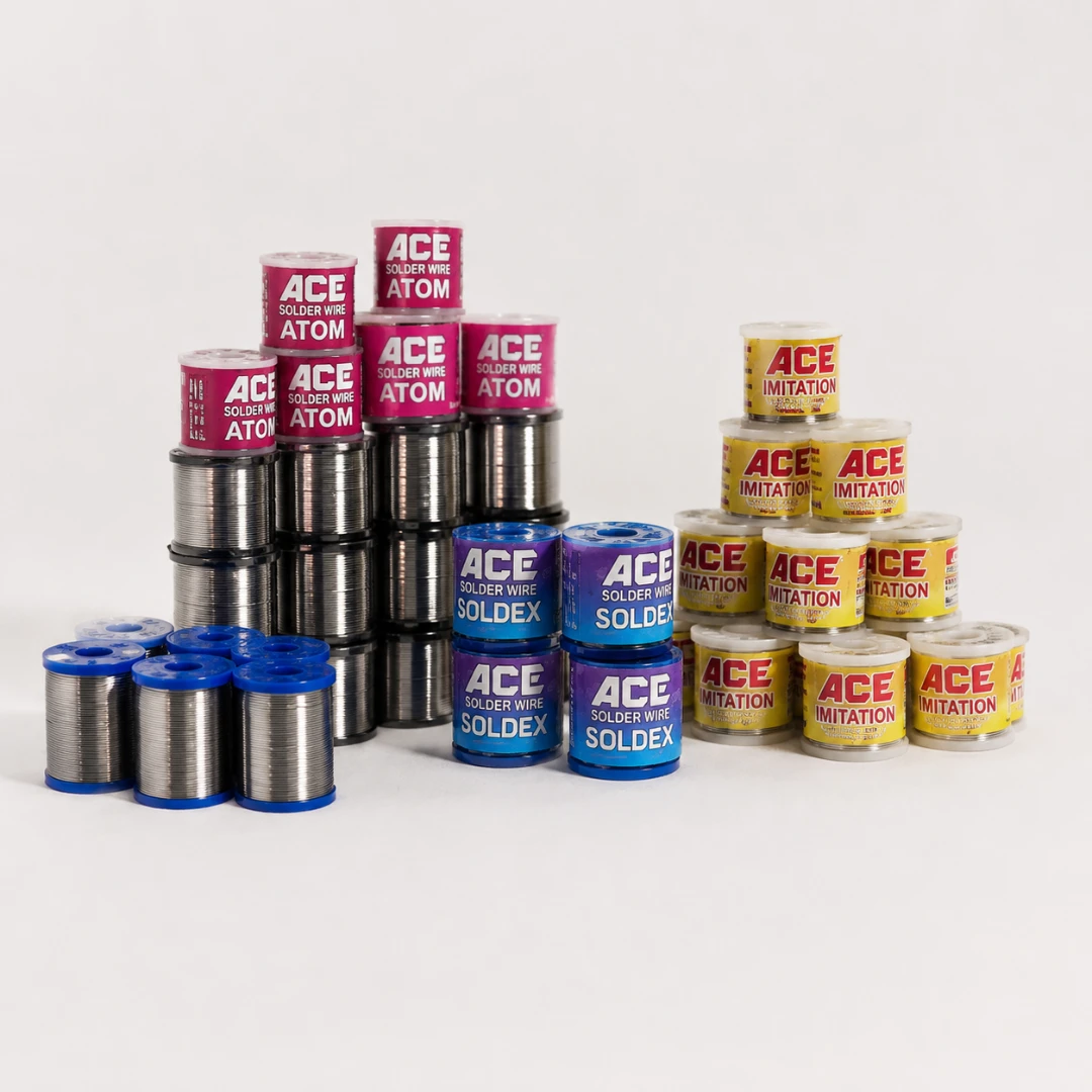 ACE tin lead solder wire products including Atom, Soldex, and imitation solder wire rolls displayed by a trusted solder wire manufacturer for electronic and industrial soldering applications.