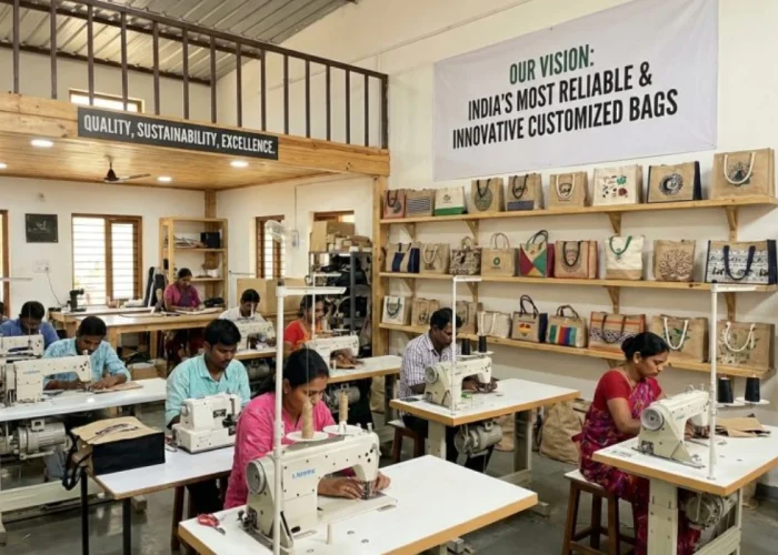 Promotional bag supplier and manufacturer with skilled workers producing customized eco-friendly bags in a modern stitching and production unit.